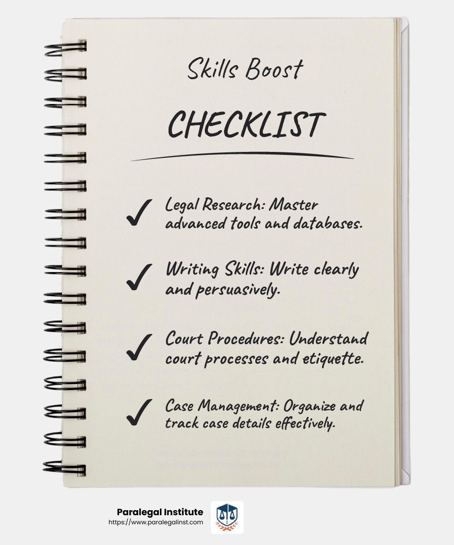A spiral notebook with the words skills boost checklist written on it