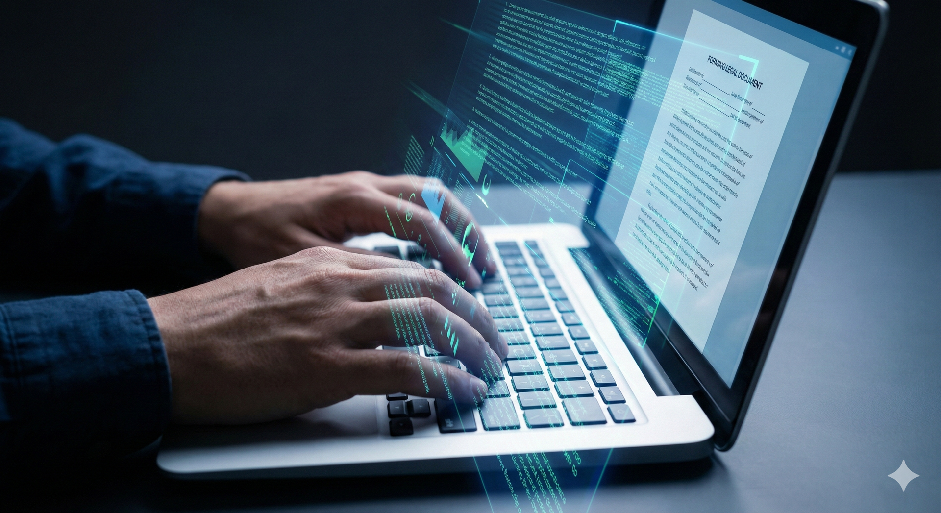 Hands typing on a laptop with a digital holographic interface of code and text appearing above the keyboard.