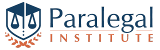 Paralegal Institute logo: Shield with scales, laurel, and text in blue and orange.