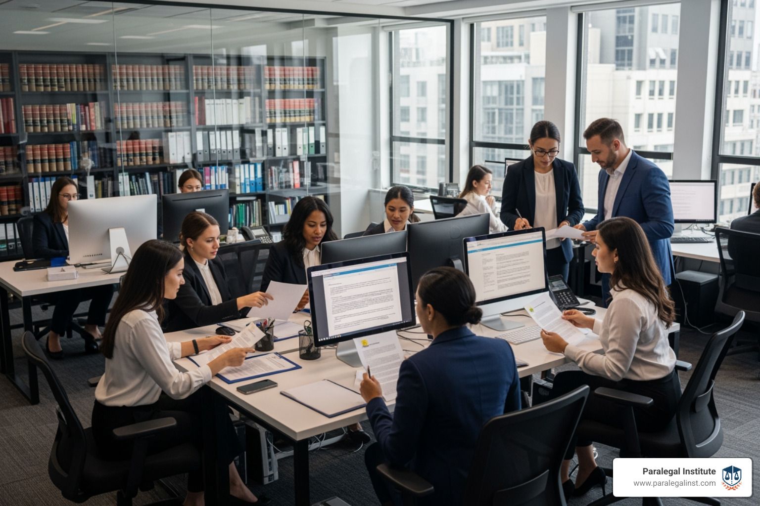 Several paralegals working in a law firm