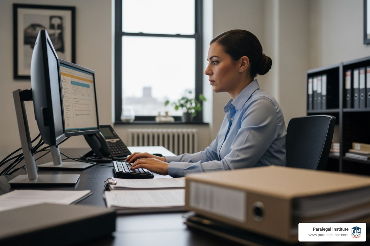 A person in a light blue button-down shirt sits at a desk typing on a computer in a professional office.