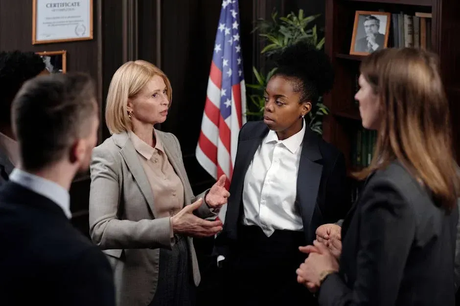 A group of people are standing around talking in front of an american flag.