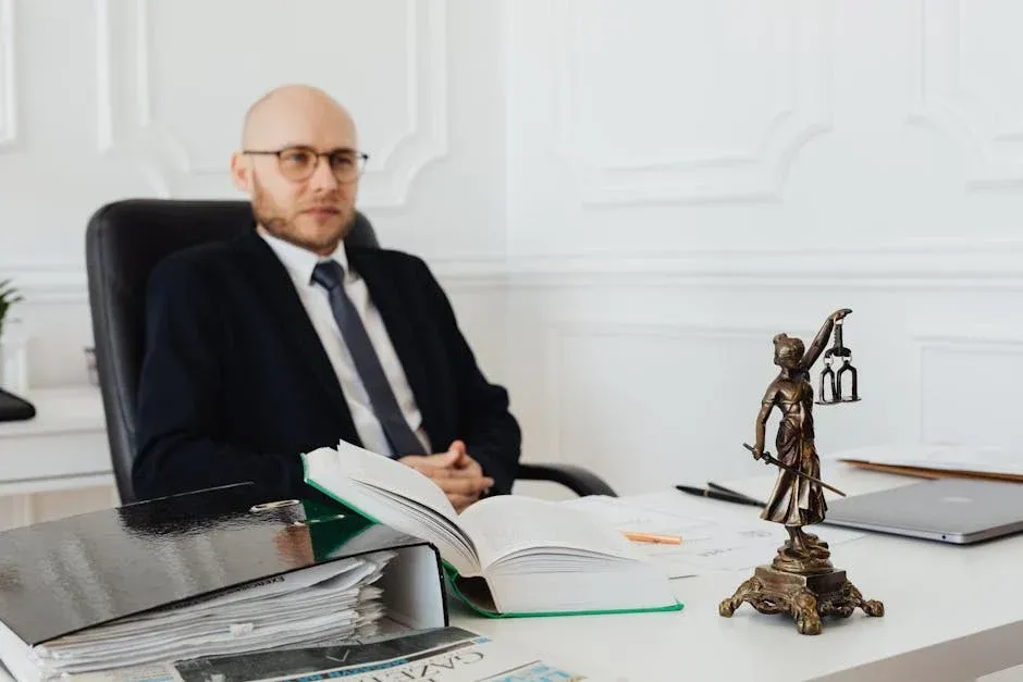 A man in a suit and tie is sitting at a desk with a book and a statue of justice.