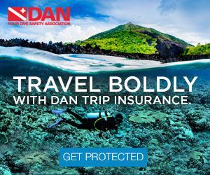 An advertisement for dan trip insurance shows a scuba diver swimming in the ocean.