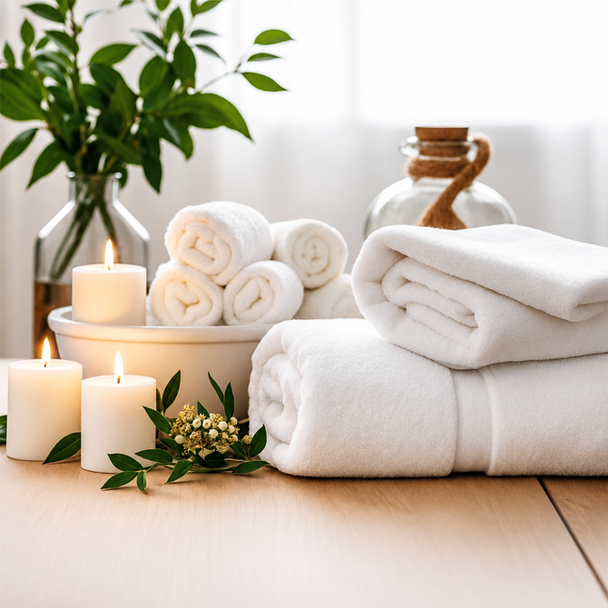 Asciugamani da spa, candele, salviette arrotolate e piante su un tavolo di legno con una bottiglia da bagno.