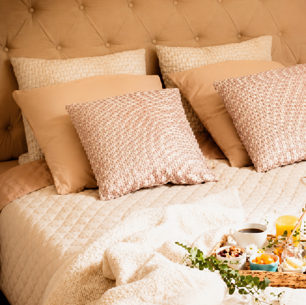 Accogliente camera da letto beige con testiera imbottita, cuscini a strati e vassoio per la colazione sul letto.