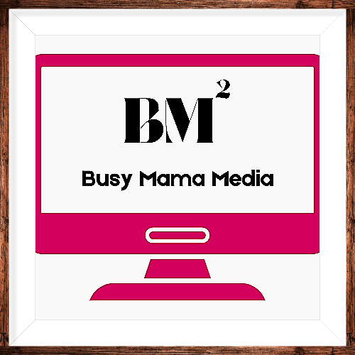 A pink computer monitor with the words `` busy mama media '' on it.