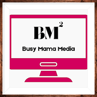 A pink computer monitor with the words `` busy mama media '' on it.
