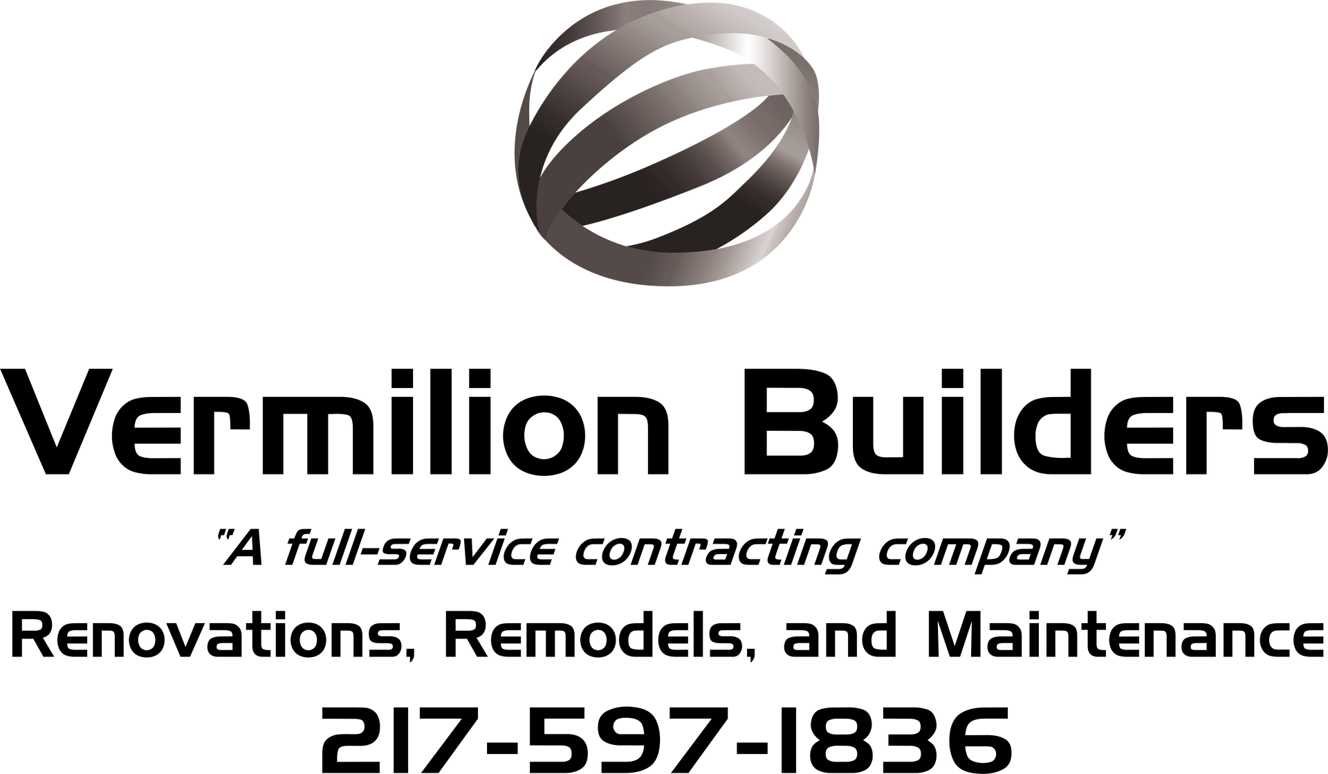 Logo for Vermilion Builders: includes a globe icon and contact information.