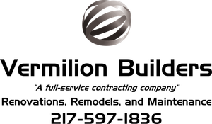 Logo for Vermilion Builders: includes a globe icon and contact information.