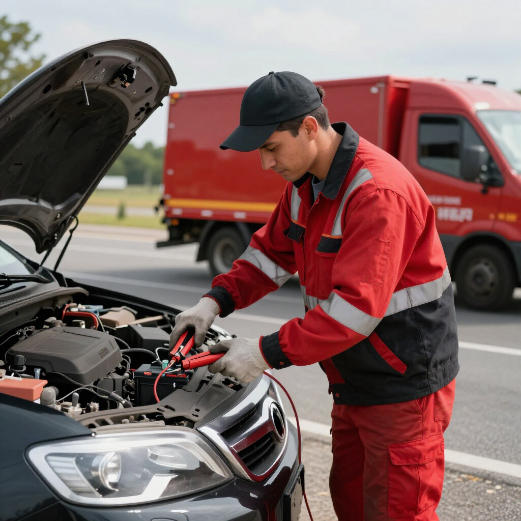 Technician performing a jump start on a disabled vehicle.