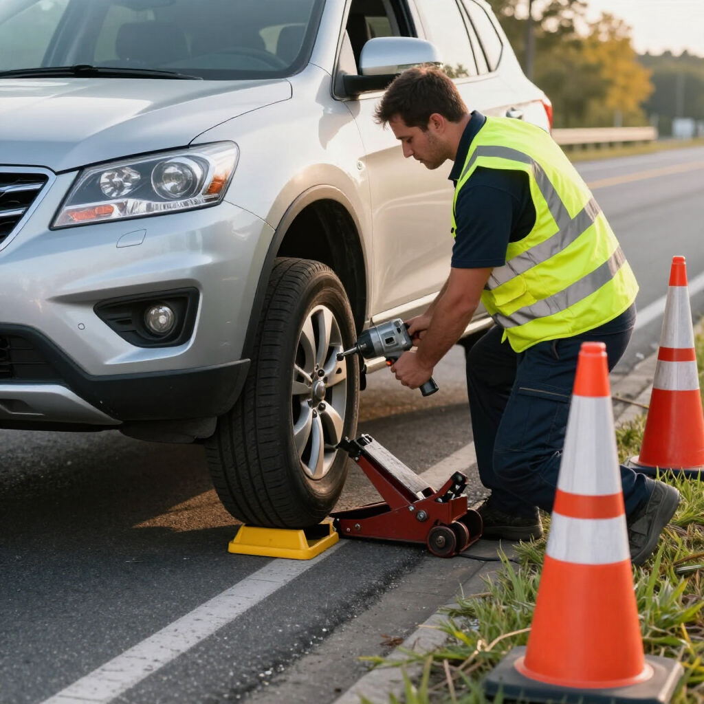 Technician changing a tire on the roadside.