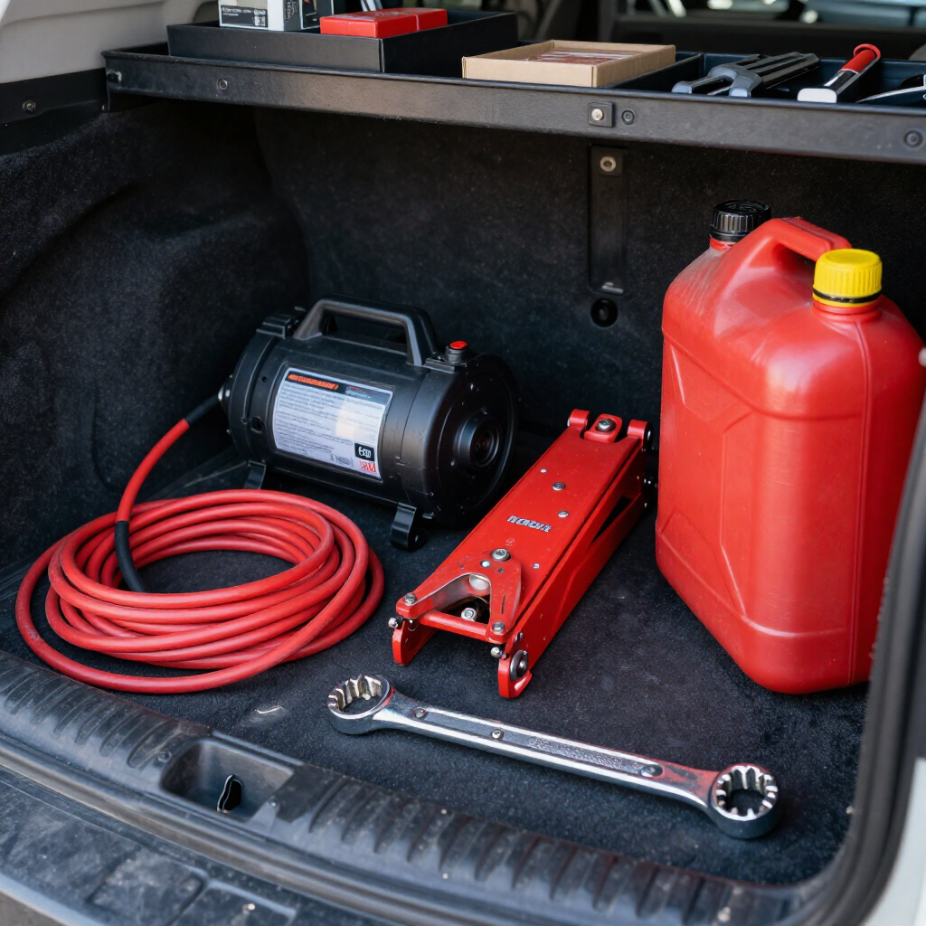 Roadside service equipment organized in a truck cargo area.