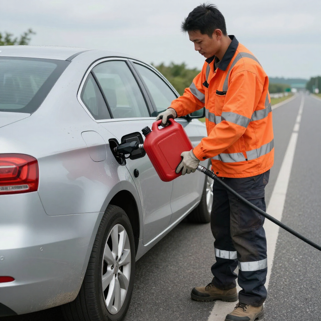 Technician delivering fuel to a stalled vehicle.