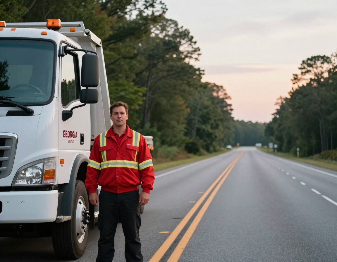 H&L Roadside technician beside a tow truck at sunrise.