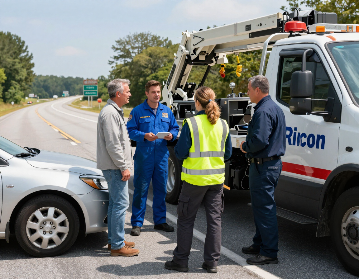 H&L Roadside team with a customer beside a tow truck.