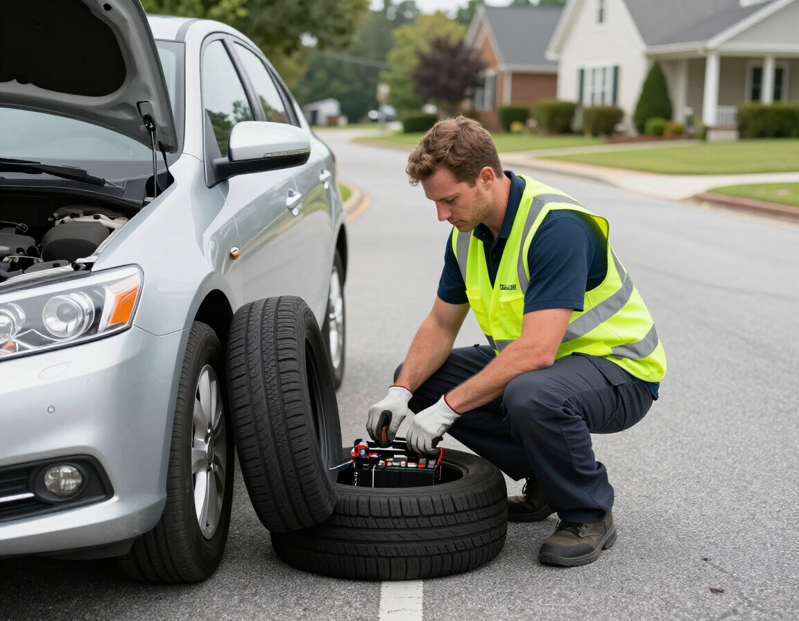 Roadside technician helping a disabled vehicle.