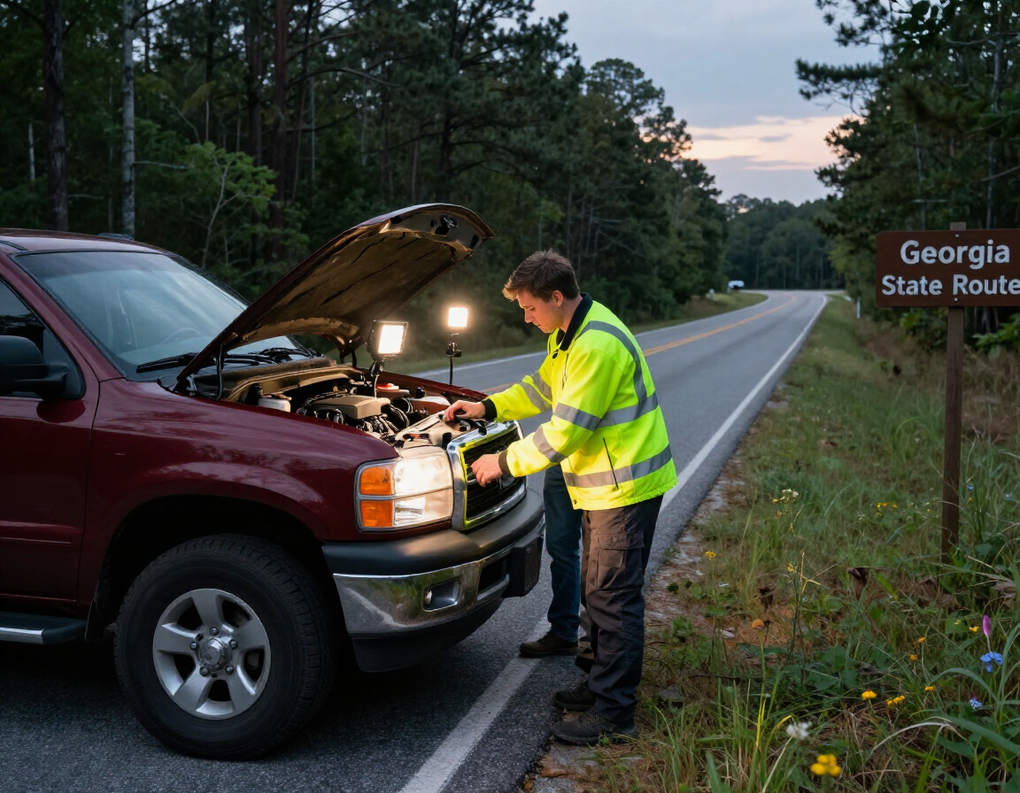 Roadside technician performing a jumpstart beside a service truck.
