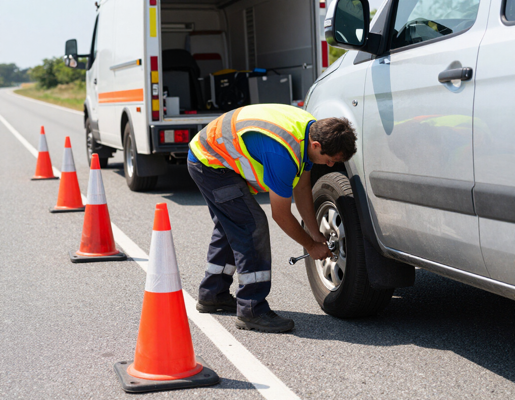 Roadside technician changing a flat tire on the shoulder.