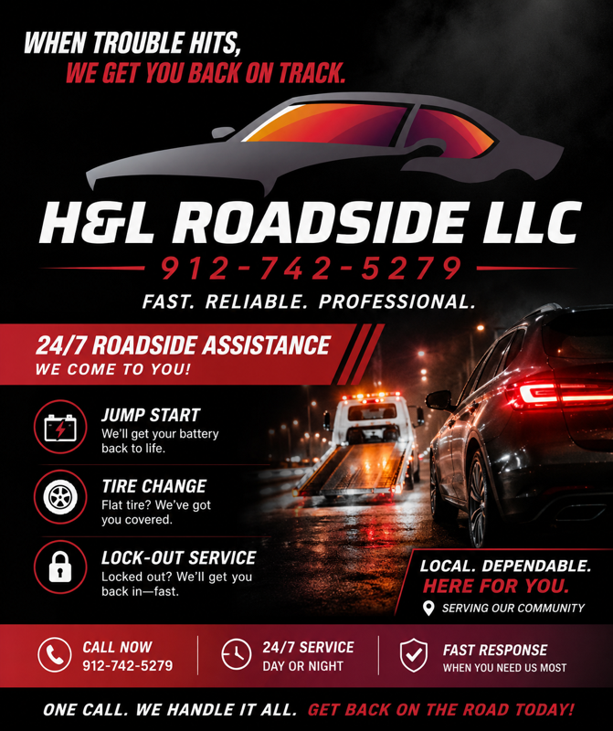 H&L Roadside LLC ad for 24/7 towing, jump starts, tire changes, and lockout service on a rainy road