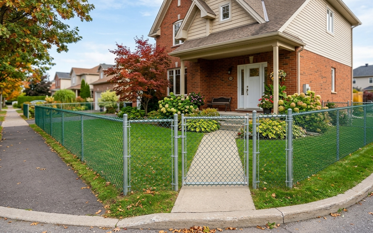 Brick house with green chain link fence and garden.