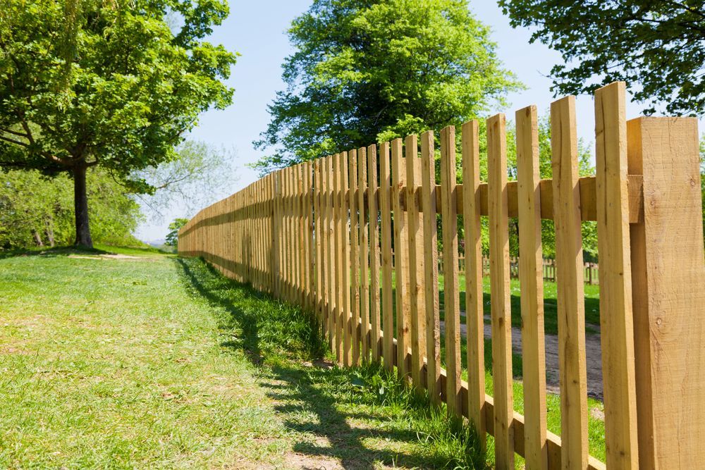 Light brown wooden picket fence in a grassy park.