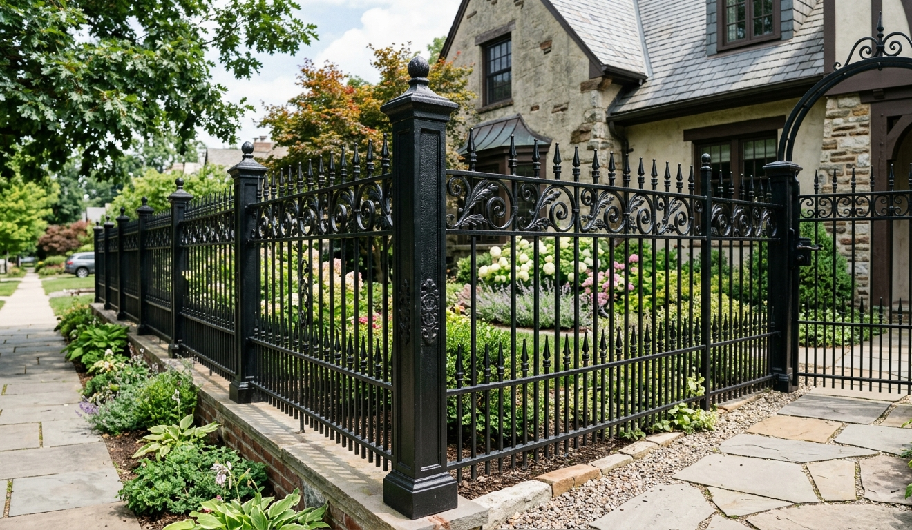 Ornate black wrought iron fence around a stone house garden.