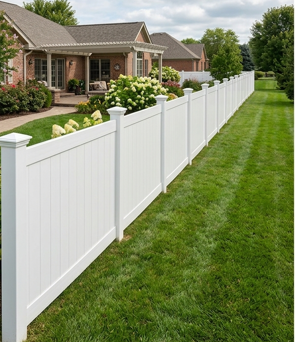 White vinyl privacy fence in a suburban backyard garden.