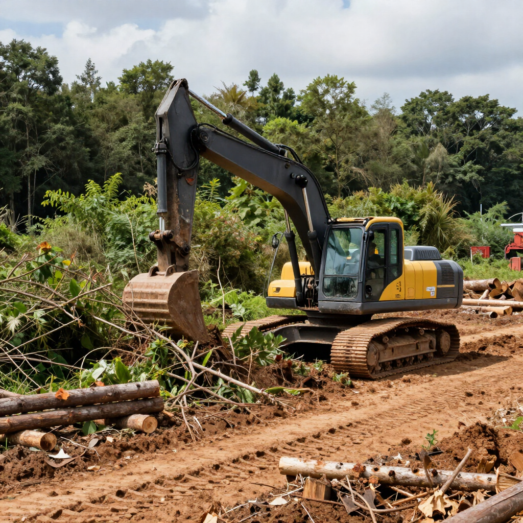 Yellow excavator clearing brush on a dirt road beside stacked logs in a forested area