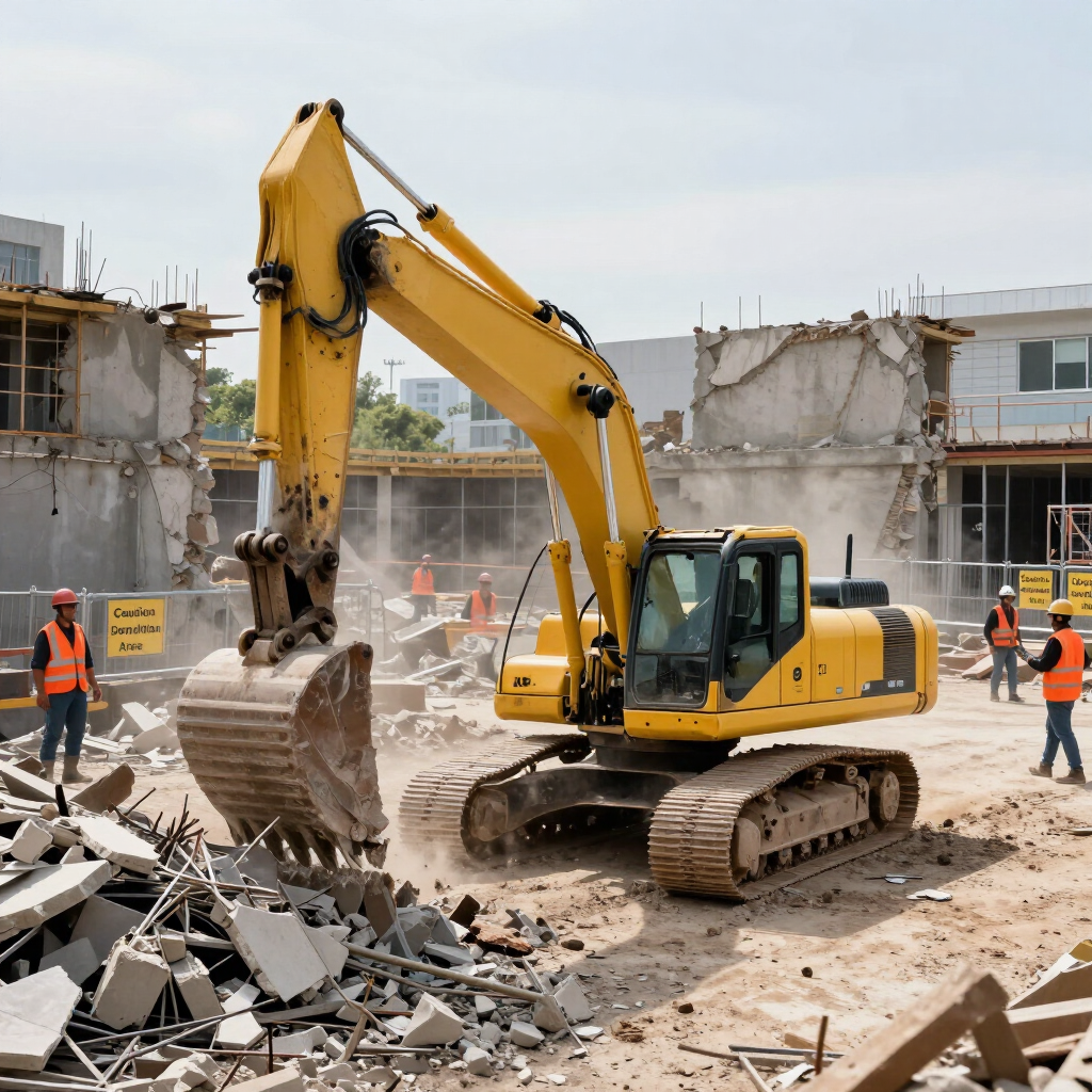 Yellow excavator clearing rubble at a demolition site with workers in orange vests nearby