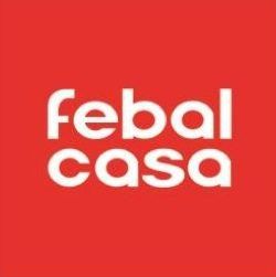 Logo Febal Casa, testo bianco su sfondo rosso.