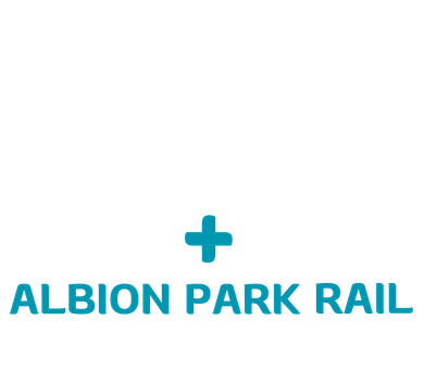A logo for albion park rail with a blue plus sign on a white background.