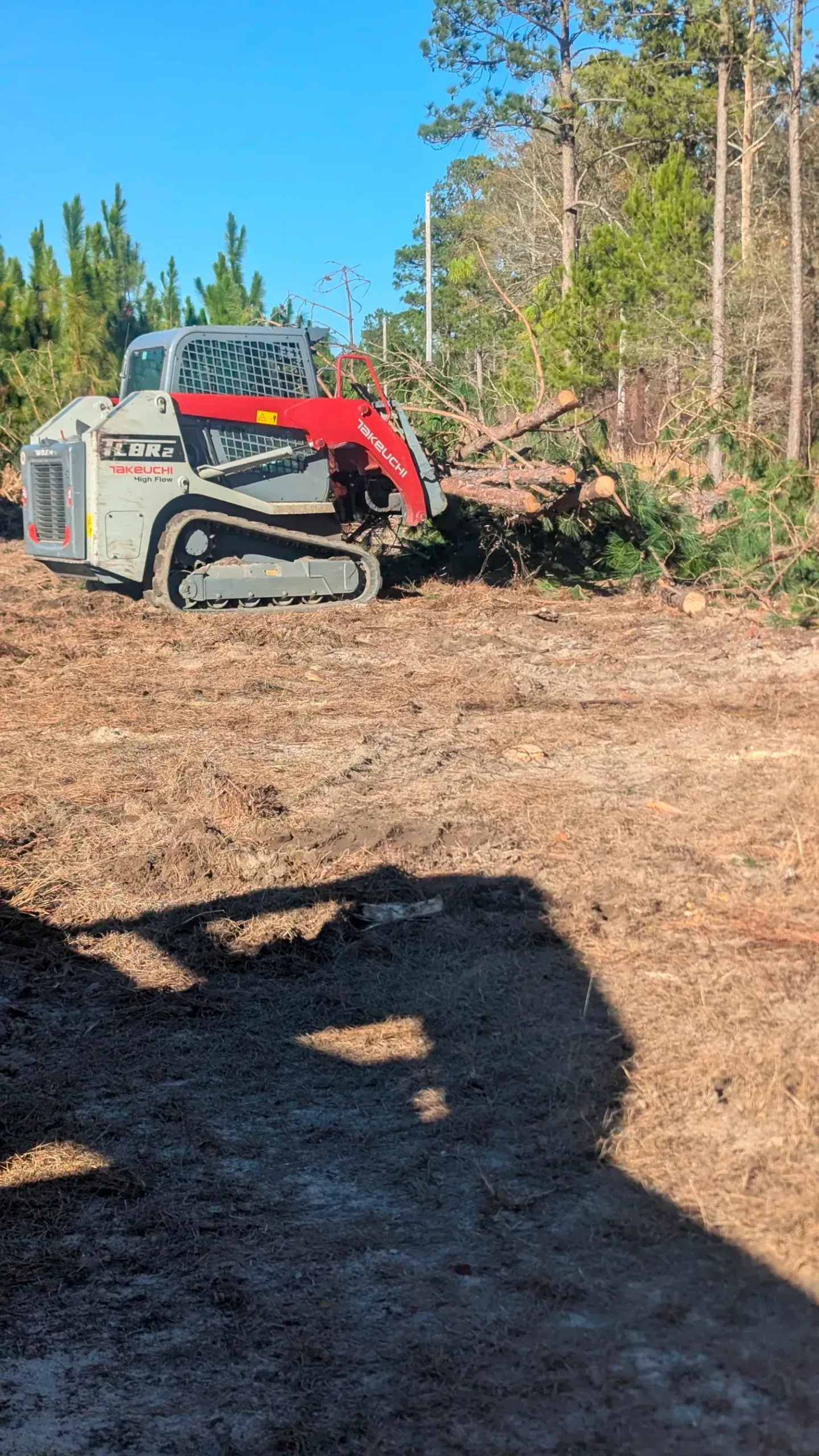 Red excavator clearing brush in a wooded area under a blue sky