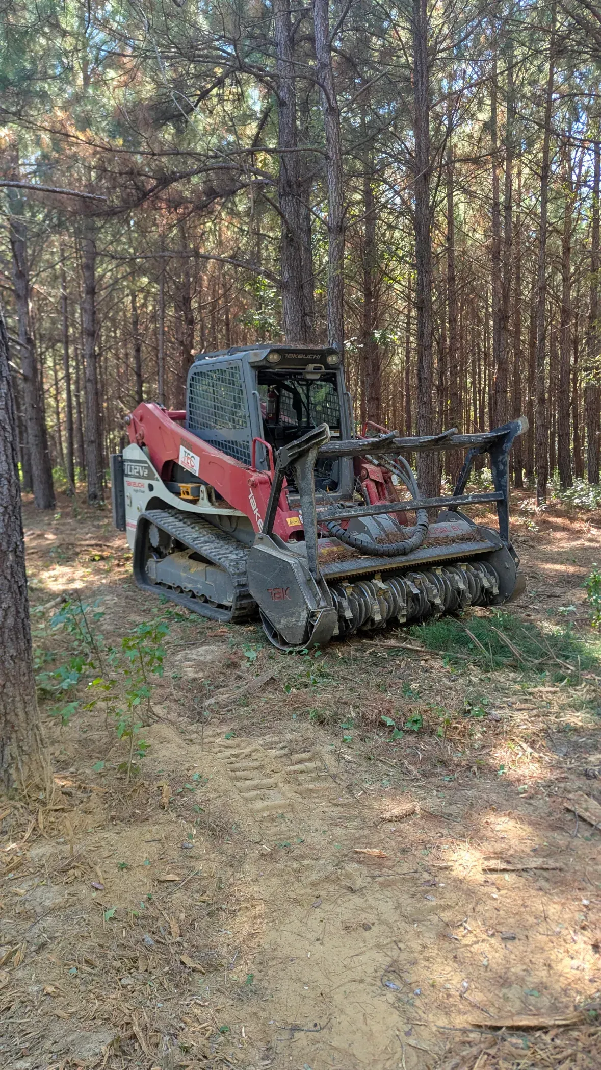 Red compact track loader clearing dirt in a wooded forest trail