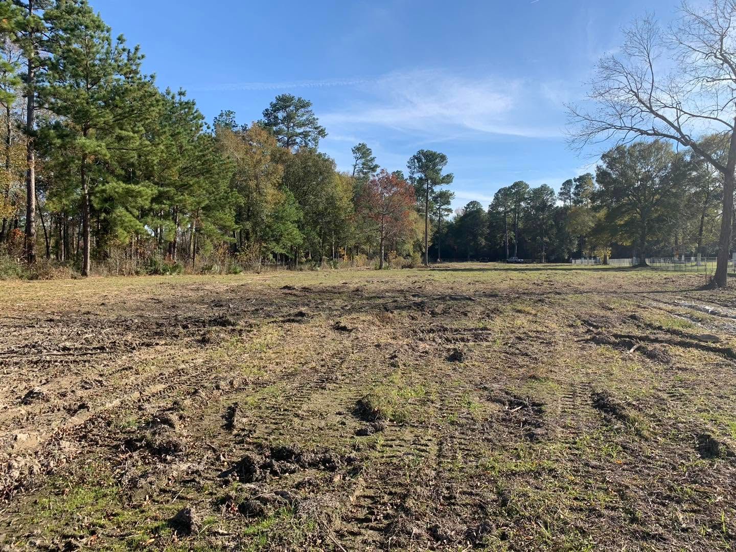 Cleared field with bare soil, bordered by trees under a blue sky.