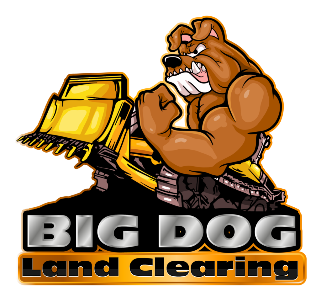 Big Doc Land Clearing logo with a muscular bulldog mascot beside a yellow bulldozer