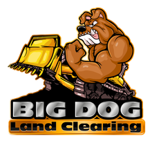 Big Doc Land Clearing logo with a muscular bulldog mascot beside a yellow bulldozer
