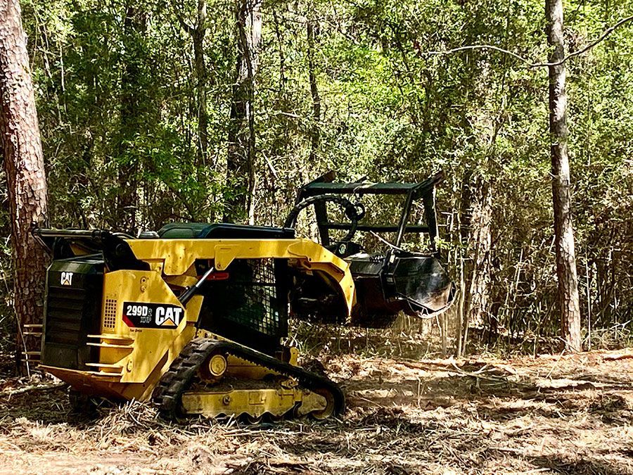 Yellow CAT tracked skid steer in a wooded area with a black off-road vehicle behind it.