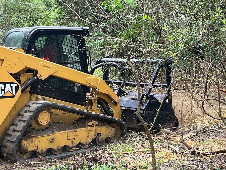 Yellow CAT skid-steer pushes black off-road vehicle into brush in a wooded area.