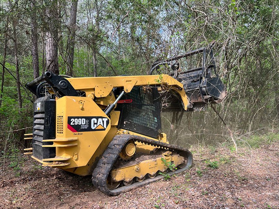 Yellow CAT 299D compact track loader in a wooded clearing, with front grapple attachment working on brush