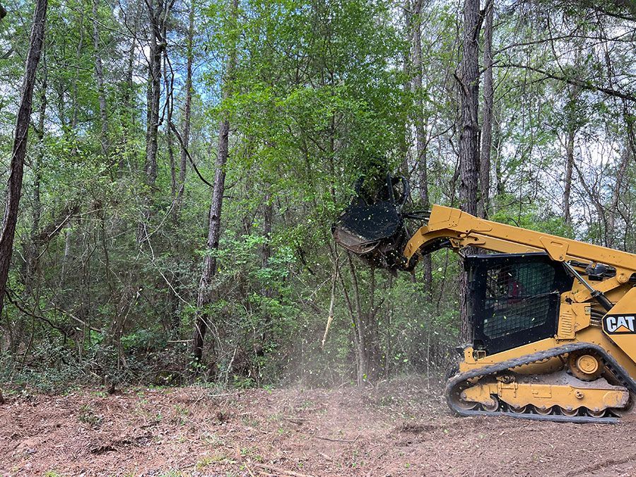 Yellow skid steer clearing dirt in a wooded area, kicking up dust