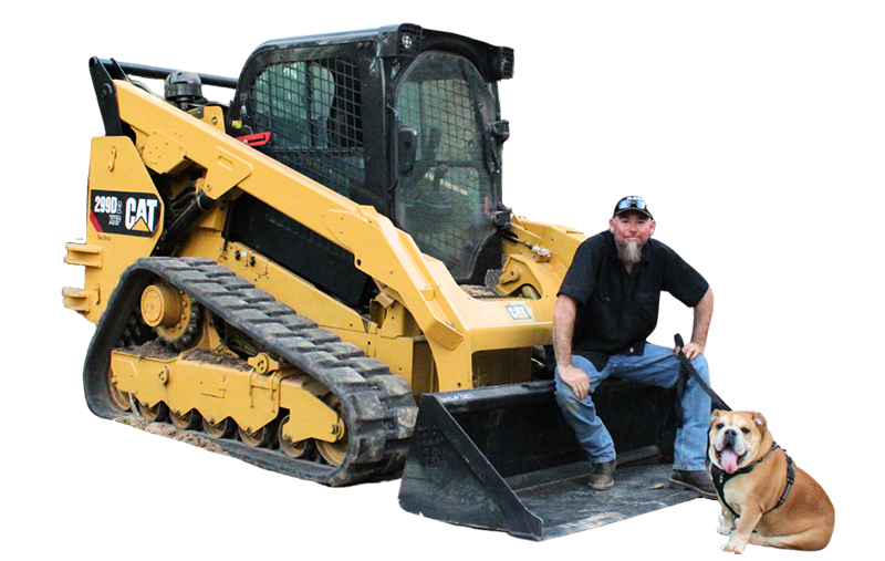 Man on a yellow track loader beside a dog, posing on white background