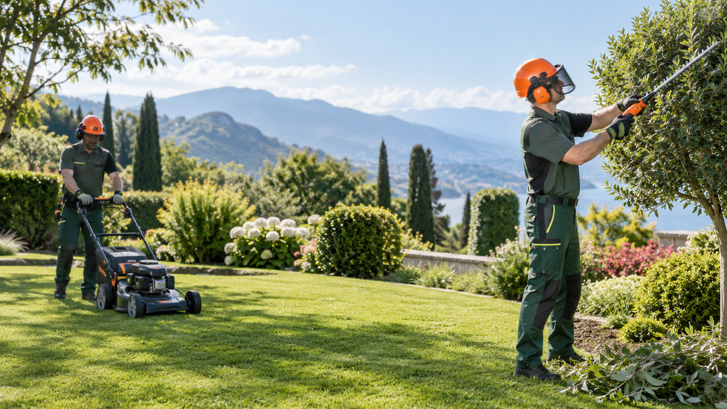 Due giardinieri con caschi arancioni potano un albero in un soleggiato giardino di montagna.