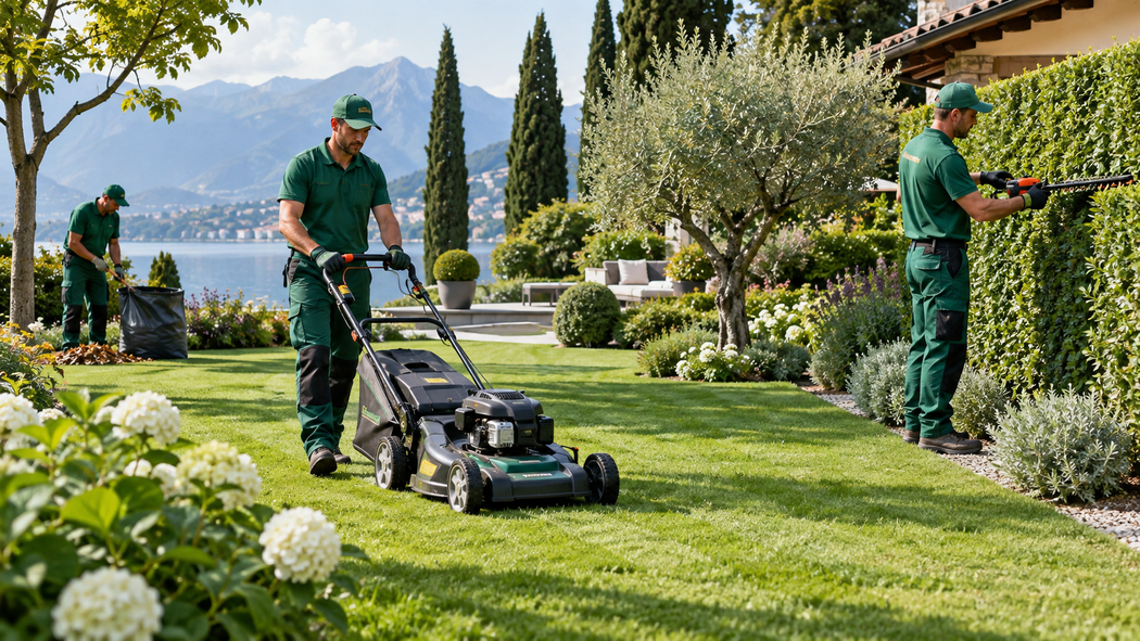Una squadra di giardinieri sta tagliando un rigoglioso prato in riva al lago con delle tosaerba vicino a un giardino e a una casa.