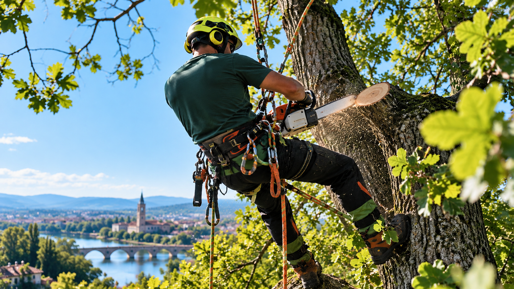 In una giornata di sole, un alpinista con il casco si cala in corda doppia da un albero sopra un fiume e lo skyline della città.