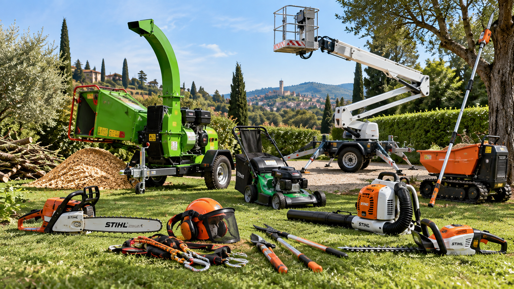 Macchinari e attrezzi da giardinaggio di colore verde brillante e arancione, esposti sull'erba durante una dimostrazione di attrezzature per esterni.