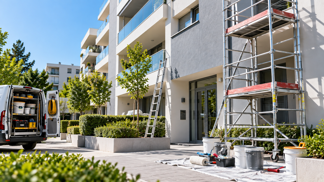 Edificio residenziale in costruzione con impalcature, furgone degli operai e materiali da costruzione all'aperto in una strada soleggiata.