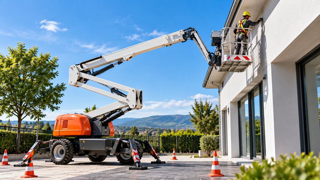 Operai che lavorano su una piattaforma aerea sulla facciata di un edificio in una giornata di sole.