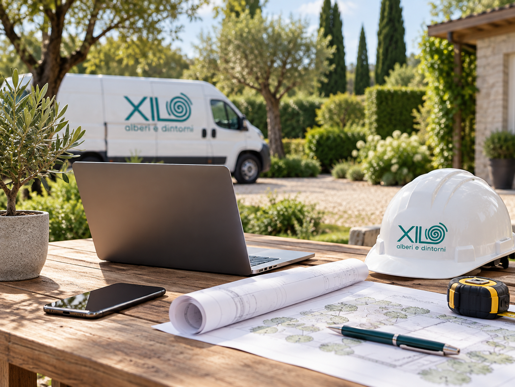 Scrivania da cantiere con computer portatile, progetti, elmetto e attrezzi, con furgone XILO sullo sfondo.
