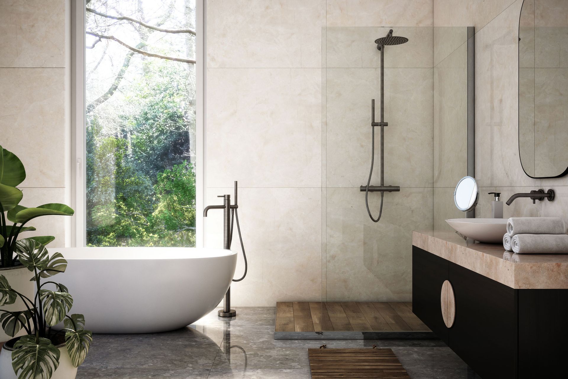 A custom bathroom renovation design featuring a modern white tub & shower for a sleek, stylish look.